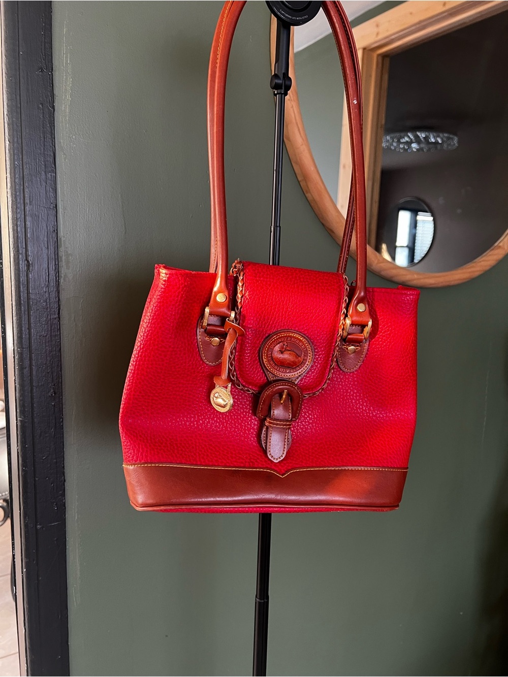 Dooney & Bourke Red Leather Shoulder Tote with Brown Trim